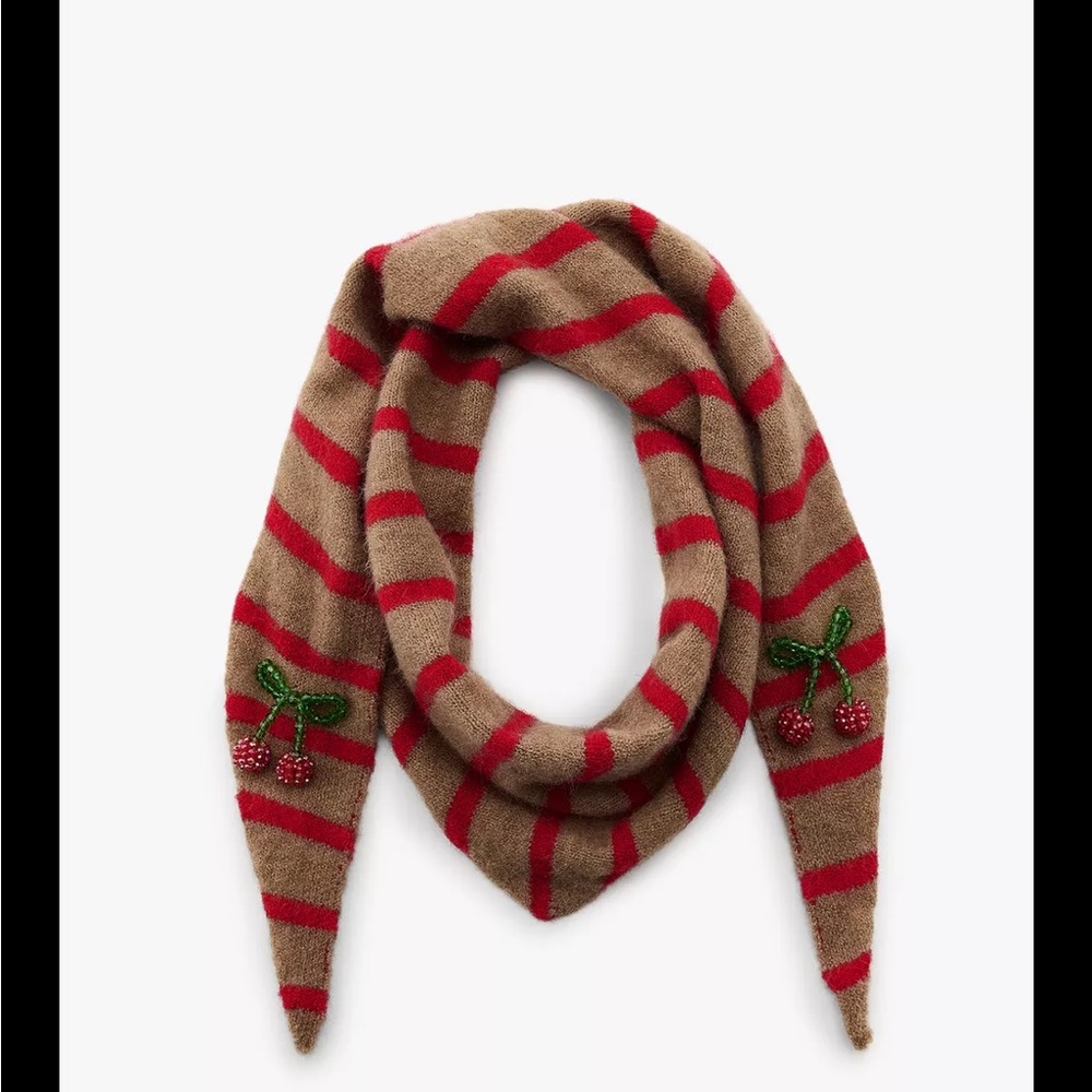ZARA Striped Brown and Red Scarf with Cherry Embellishments